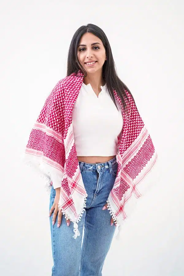 Red and White Hirbawi® Kufiya Woman Pose