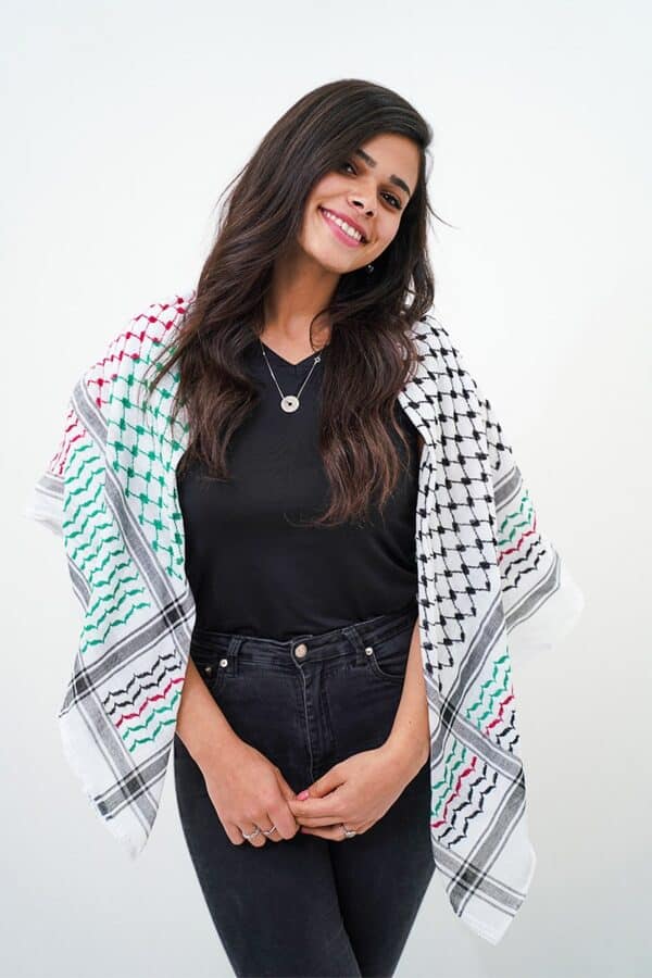 Palestine Flag Hirbawi® Kufiya Woman Smiling