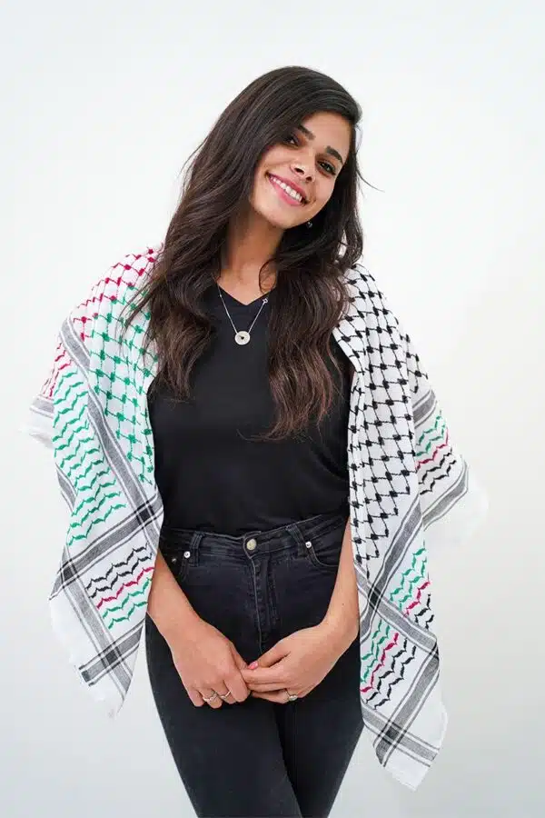 Palestine Flag Hirbawi® Kufiya Woman Smiling